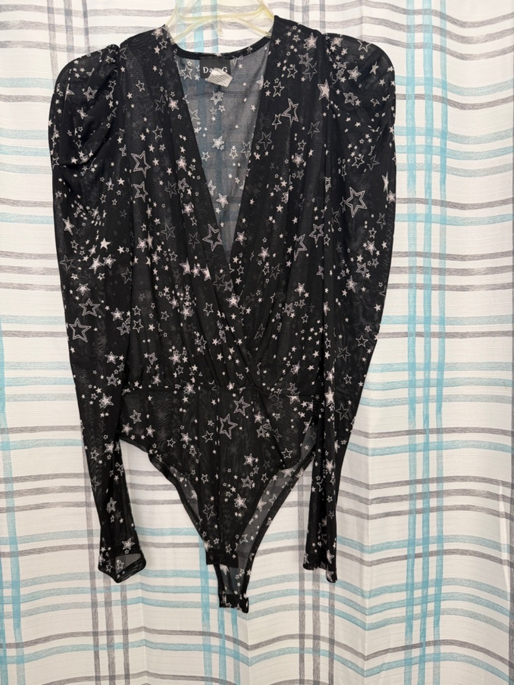 Star-Print Black Wrap Bodysuit with Puff Shoulders